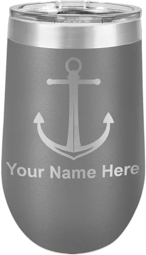 Vista 8 de LaserGram Vaso de vino de acero inoxidable de doble pared, ancla de barco, grabado personalizado incluido (negro)