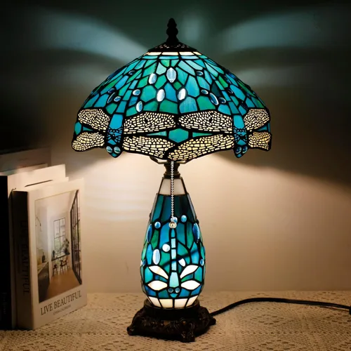 Vista 10 de Lámpara de Estilo Tiffany de Vidrio Manchado Azul Barroco de Mesa de 12X19 Pulgadas, Vaso Madre-Hija, Luz de Lectura para Escritorio, Decoración