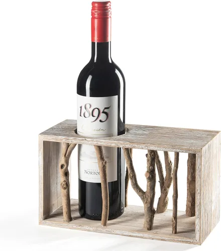 Vista 8 de Soporte para botellas de vino – Estante individual de madera de abedul rústico para botellas de vino con soporte de corcho, vitrina de madera