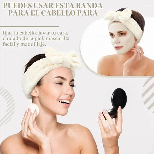 Vista 7 de Hicarer Diadema de toalla de 3 piezas para mujer, para maquillaje, spa, para lavarse la cara y la ducha (beige)