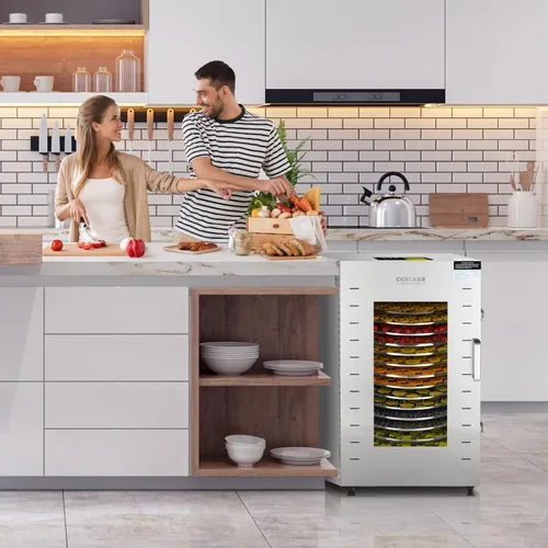Vista 7 de Máquina deshidratadora comercial de alimentos, 16 bandejas, rotación automática de 360°, deshidratador de frutas de 1500 W, secador de carne seca