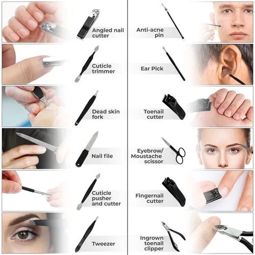 Vista 4 de ASH ISLAND Juego de cortaúñas, color negro inoxidable 12 en 1 para hombres y mujeres, kit de viaje de manicura, pedicura, lima de uñas de lujo