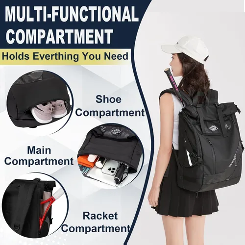 Vista 4 de UMGG - Mochila de tenis para mujeres y hombres con capacidad para 2 raquetas con compartimento para zapatos, mochila grande de pickleball