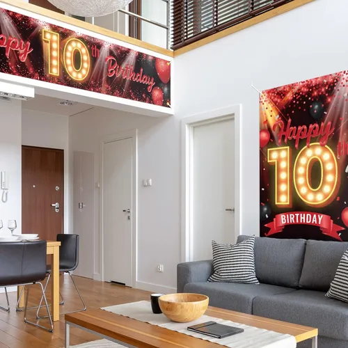 Vista 6 de Juego de carteles de feliz cumpleaños 10 para puerta, porche, decoraciones de cumpleaños de 10 años, suministros de fiesta para mujeres y hombres