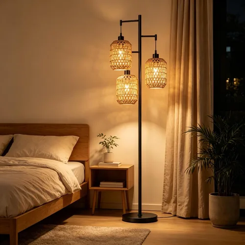 Vista 7 de QIYIZM - Lámpara de pie con diseño de árbol de 3 bombillas; alta, rústica, estilo rural, industrial y boho, pantalla de mimbre y bambú; para sala