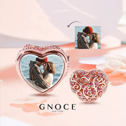 Vista 2 de Gnoce Custom Photo Charms Bead Heart Shaped Sterling Silver Personalized Charm With Cz fit Bracelet Necklace For Women Family Memorial Girls