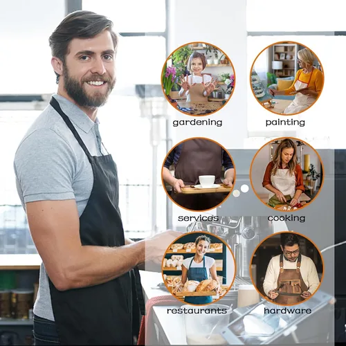 Vista 6 de Delantal de chef para hombres y mujeres, paquete de 5 delantales unisex con 2 bolsillos, delantales de cocina lavables para cocinar, hornear