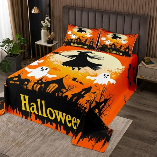 Vista 11 de Erosebridal Juego de colcha de murciélago de Halloween, tamaño individual, estrellas con purpurina y galaxia, para niños, decoración de Halloween