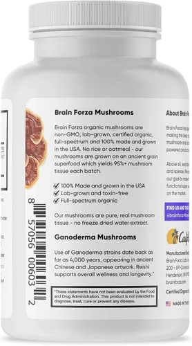Vista 3 de Brain Forza Cápsulas orgánicas de hongos reishi rojos, apoyo inmunológico alimentado por hongos adaptogénicos, salud cardíaca y cardiovascular