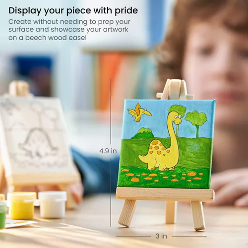 Vista 4 de ARTEZA Kids Kit de pintura de dinosaurios, 4 lienzos de 3 x 3 pulgadas, 4 caballetes, 12 pinturas acrílicas, 2 pinceles de pintura, 1 paleta