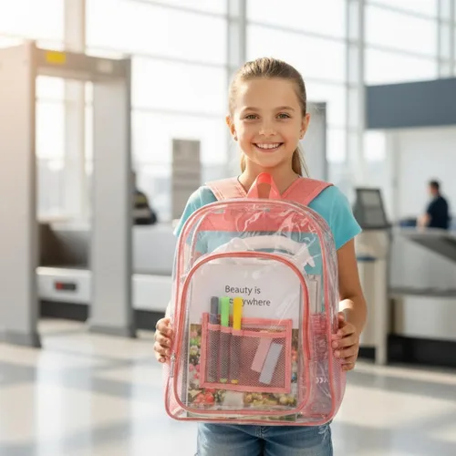 Vista 2 de Mochila transparente resistente transparente transparente PVC Plstic Clear Bookbags, Rosa, Mochila Daypack