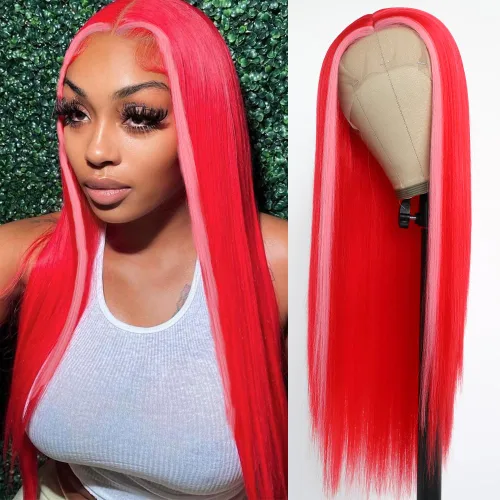 Vista 7 de QD-Tizer Pelucas de cabello sintético con encaje frontal de 13 x 6 pulgadas, sin pegamento, color rojo vino, color burdeos, pelucas de cabello largo