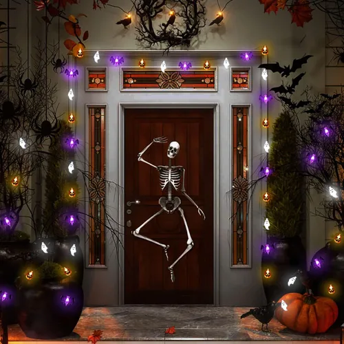 Vista 3 de Zimati Luces decorativas de Halloween, 16 pies, 30 LED, impermeables, 3D, calabaza, murciélago, fantasma, funciona con pilas, con temporizador, 8