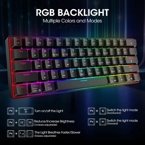 Vista 2 de KOORUI Teclado mecánico ultracompacto con 60% de 61 teclas con cable retroiluminado RGB con interruptor rojo, mini teclados para Windows MacOS Linux