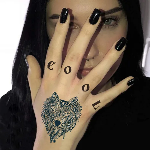 Vista 4 de 6 hojas de tatuajes temporales para hombres y mujeres, calavera, mariposa, cabeza de lobo, número de flecha, calcomanías de tatuaje para niños