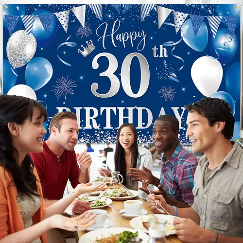 Vista 6 de Telón de fondo de pancarta de 30 cumpleaños, decoraciones de feliz cumpleaños de BTZO 30, fondo de fotos de tela azul plateada para hombres