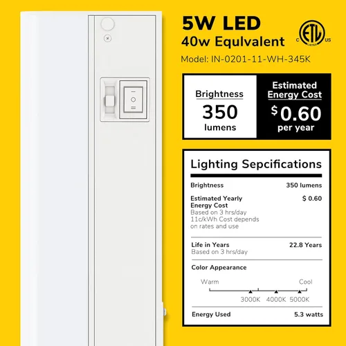 Vista 2 de Getinlight 30,48 cm de luz LED para debajo de gabinete, solo cableada, de 3 colores, seleccionable 3000K/4000K/5000K, regulable, acabado en blanco