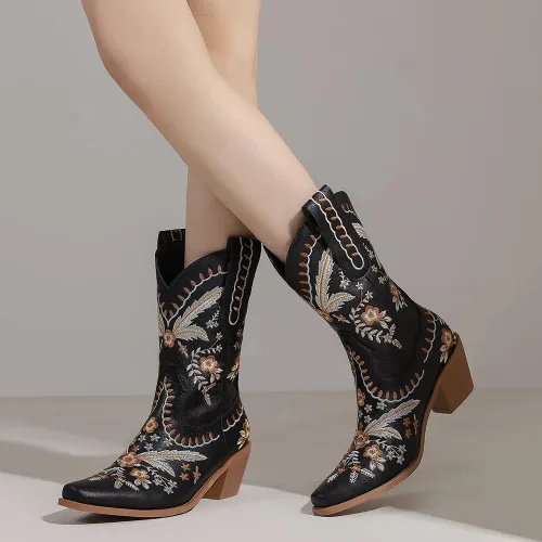 Vista 4 de LIPIJIXI Botas vaqueras bordadas para mujer, botas vaqueras para mujer, botas vaqueras florales de tacón bajo y grueso