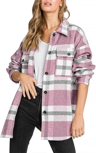 Vista 17 de Beaully Chaqueta-Camisa de Franela a Cuadros para Mujer, Trajes de Otoño 2025, Camisa de Manga Larga con Botones, Chaqueta Abrigo con Bolsillos Negro