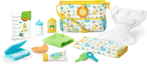 Vista 3 de Melissa & Doug Mine to Love Travel Time Play Set para muñecas con bolsa de pañales, botella, protector solar, más (17 piezas) - Accesorios