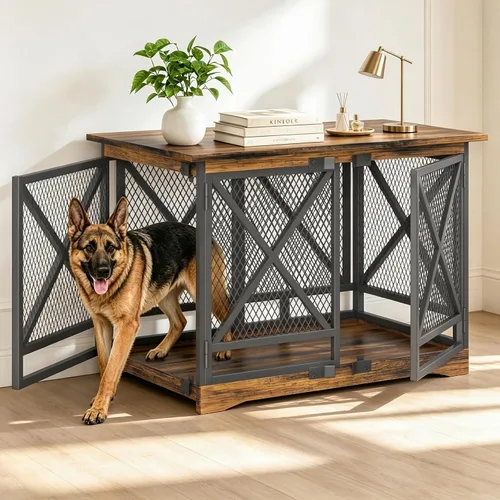 Vista 10 de COZPAW Jaula para perros de 48 pulgadas con ruedas, marrón Perrera extra grande para perros XL, mesa auxiliar de madera con barandilla, marco