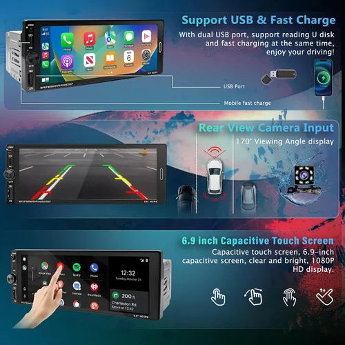 Vista 5 de Radio con pantalla táctil DIN simple de 6,9 pulgadas con Apple CarPlay