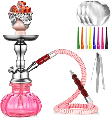 Vista 8 de Juego completo de cachimba de 11 pulgadas con mini jarrón de cristal de cachimba de calabaza, cuenco de cerámica, manguera de mango de madera, pinza