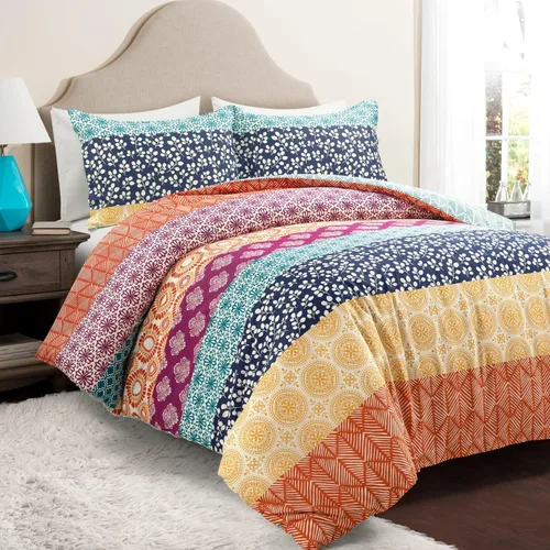Vista 10 de Lush Decor Juego de funda de edredón reversible de algodón a rayas bohemias, juego de 3 piezas, tamaño King, turquesa y naranja, juego de cama a