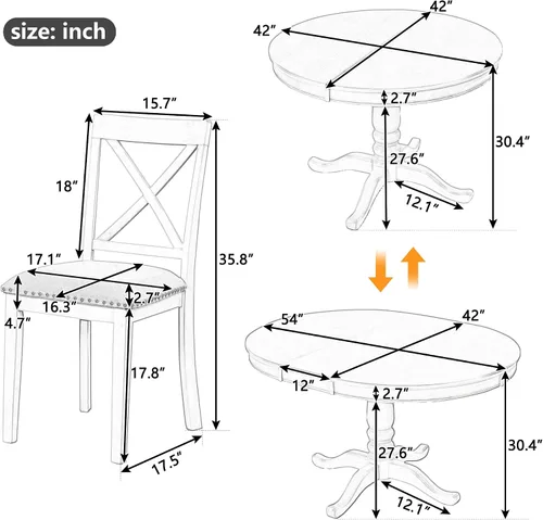 Vista 2 de JUSTONE Juego de mesa de comedor redonda de 5 piezas para 4, mesa redonda extensible con 4 sillas modernas con respaldo cruzado, juego de mesa