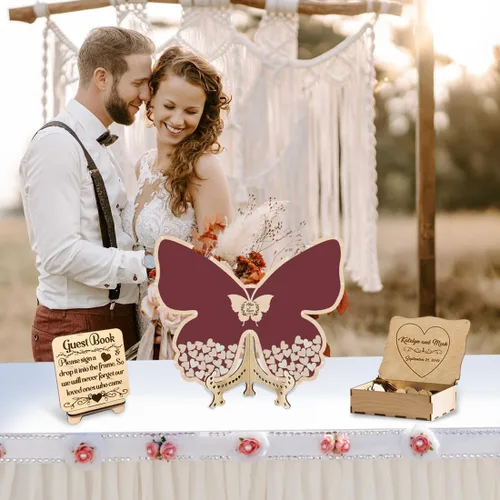 Vista 7 de Libro de invitados de boda de mariposa personalizado con corazones de madera, borde de madera personalizado, ideas alternativas, libro de invitados