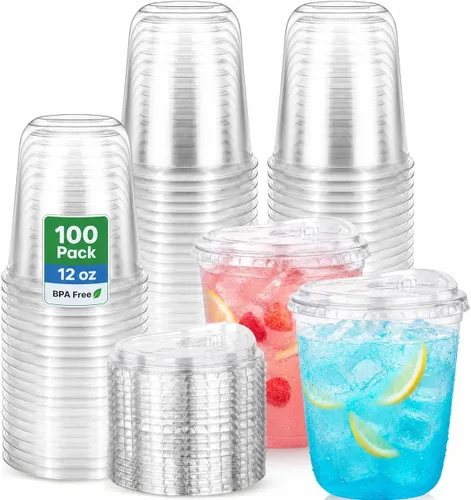Vista 8 de Oojami 100 Pack 20 oz Clear Plastic Cups with Strawless Sip Lids BPA Free