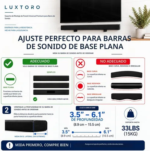 Vista 3 de Soporte universal de pared para barra de sonido (parte inferior plana), soporte de acero resistente de 33 libras, profundidad ajustable, incluye