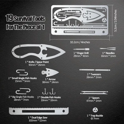 Vista 8 de Hukado Kit de 9 tarjetas de supervivencia multiherramienta para acampar con equipo de línea de pesca, cartera de tarjetas de crédito multiusos