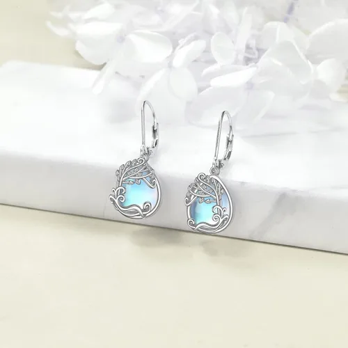Vista 3 de Aretes colgantes con forma de lágrima de filigrana de piedra lunar de plata de ley 925 con cierre de palanca para mujer, regalos de joyería
