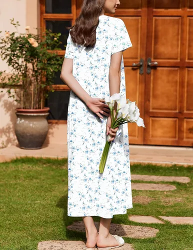 Vista 4 de Ekouaer Camisón para Mujeres de Algodón Camisón Largo de Noche Camisón de Manga Corta con Bolsillos Camisón con Botones Ropa de Dormir Suave