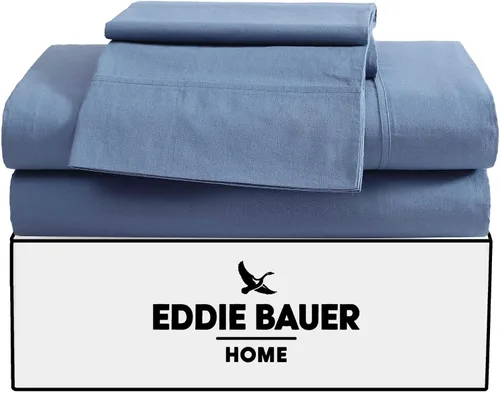 Vista 2 de Eddie Bauer - Juego de sábanas individuales, juego de ropa de cama de percal lavado con bolsillos profundos, súper suave, 100% algodón de lujo