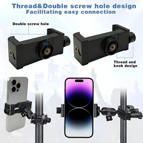 Vista 2 de Soporte de teléfono para soporte de micrófono, clip ajustable de 360° para teléfono inteligente con bloqueo seguro, se adapta a la mayoría