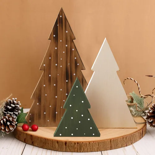 Vista 7 de AceOrbit 3 piezas de decoraciones navideñas rústicas de granja de madera, árboles de Navidad neutros, letreros decorativos de mesa en forma de árbol