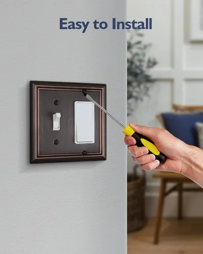 Vista 6 de Placa de pared combinada de metal, 1 palanca/1 decorador, cubiertas de enchufe para interruptores, bronce envejecido decorativo, 2 segmentos, 1
