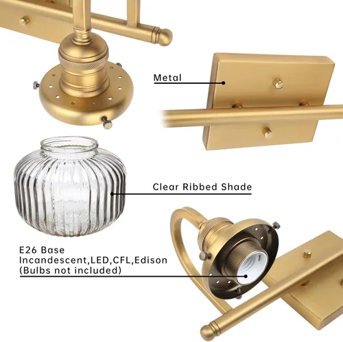 Vista 6 de Aplique de pared de vidrio de 2 luces con pantalla de globo a rayas transparentes, lámpara de pared de latón envejecido industrial para sala
