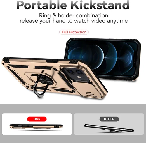 Vista 6 de Funda para iPhone 12/12 Pro, iPhone 12/12 Pro con funda para cámara y soporte, grado militar, a prueba de golpes, resistente, con funda magnética