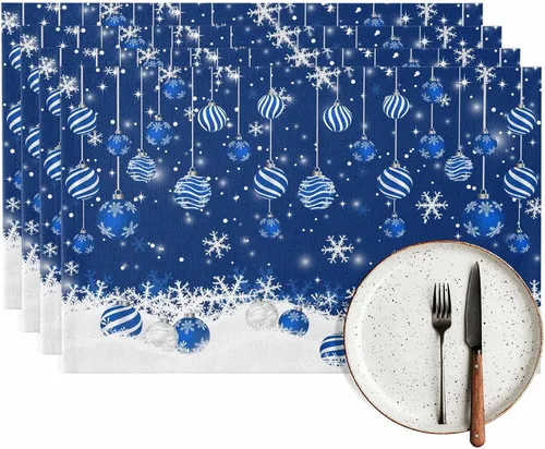 Vista 9 de Juego de 6 manteles individuales de mesa de Navidad, manteles individuales de algodón y lino antideslizantes lavables, bolas de Navidad, copos