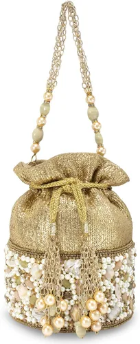 Vista 6 de Aheli Bolsas indias Potli para mujer, bolsa de noche, bolso de mano étnico para novia con cordón, regalo para el día de la madre para mamá, dorado 1