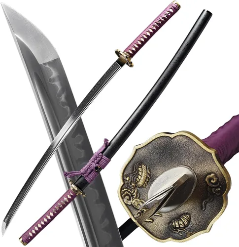 Vista 11 de Espada Katana Samurai, templada en arcilla, acero T10, Hamon real, espada completa Full Tang, hecha a mano, samurái, extremadamente afilada