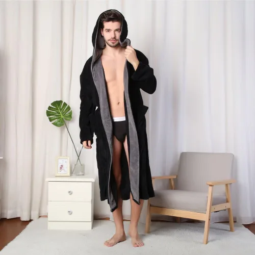 Vista 5 de KEMUSI Bata de baño con capucha para hombre, suave y de longitud completa, cómodo camisón cálido de longitud completa