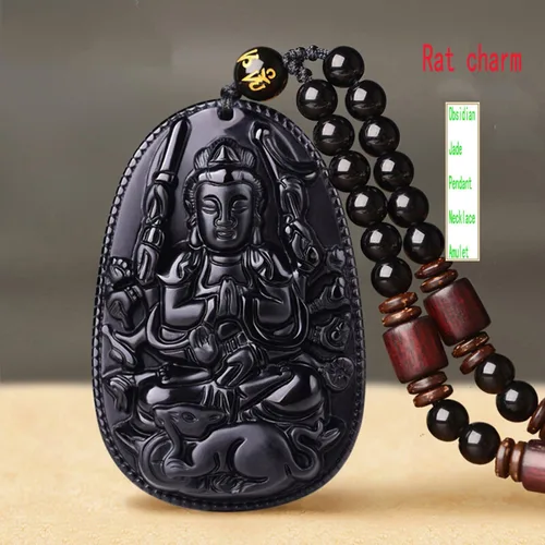 Vista 3 de 100% Pure Obsidian Natural Pendant Necklace Zodiac Bodhisattva Amulet Talisman