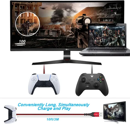 Vista 6 de Cable de carga para controlador PS5 – Paquete de 2 cables de datos tipo C a USB A de 10 pies, cable de sincronización de alta velocidad