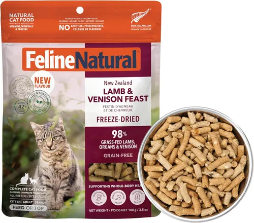 Vista 16 de Alimento para gatos seco de alta proteína Feline Natural, dieta liofilizada con 98% de carne, órganos y mariscos, sin guisantes, granos o aditivos