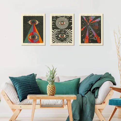 Vista 5 de Juego de 3 lienzos enmarcados de estilo retro hippie para pared, meditación, psique delicados, arte en lienzo bohemio de los años 70