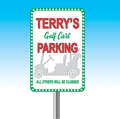 Vista 2 de Personalized Golf Cart Parking Sign Custom Name Reserved Parking Aluminum Sign Funny Golf Fan Decor for Garage or Cart Barn